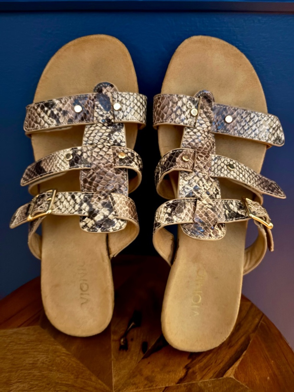 Vionic Radia Brown Snakeskin-Print Triple-Strap Slide Wedge Sandals